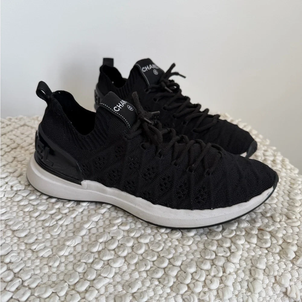 Authentic CHANEL Black ribbed knit lace up sneakers 38 1/2 - Picture 3 of 16